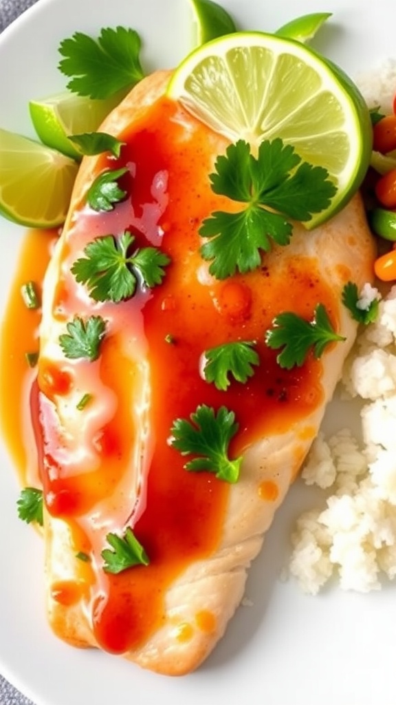 Plated Mahi Mahi fillet with honey glaze, cilantro, and lime on a white plate with rice and vegetables.
